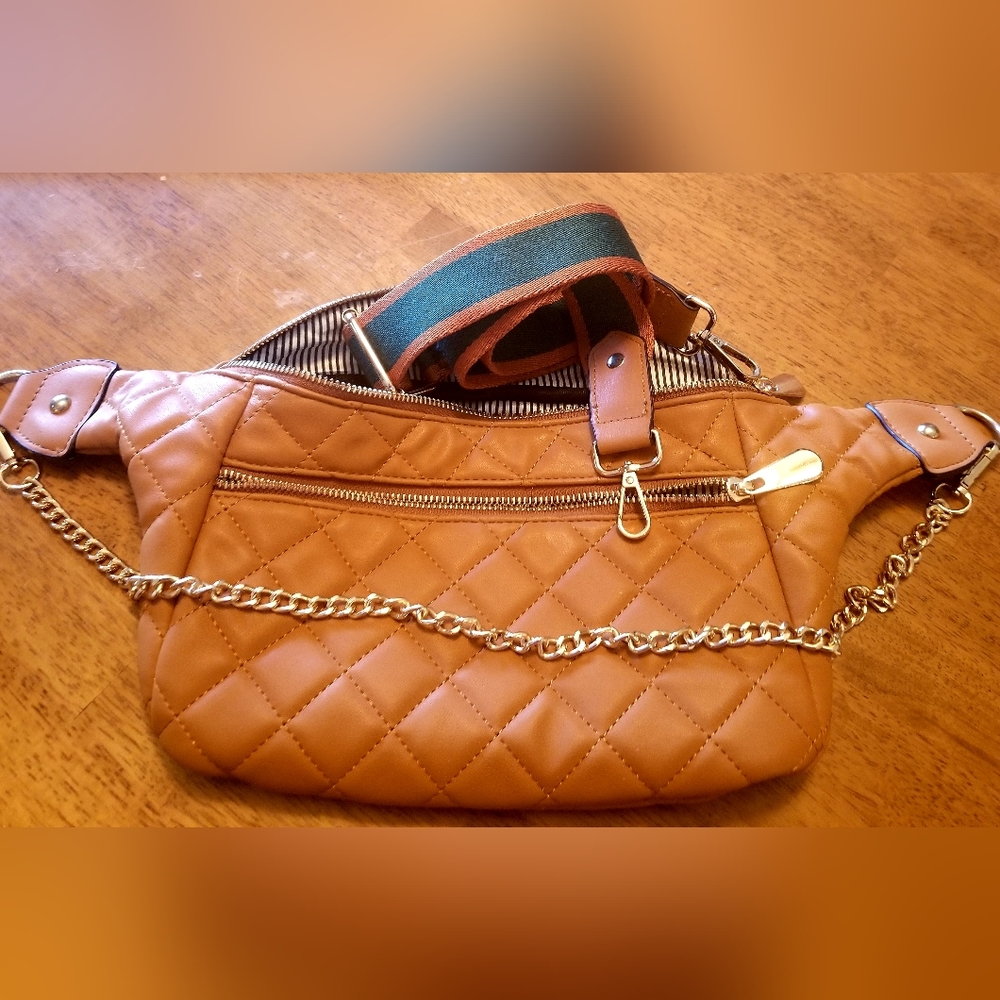 Women's boutique crossbody purse. Camel Brown & Green with XLong Straps